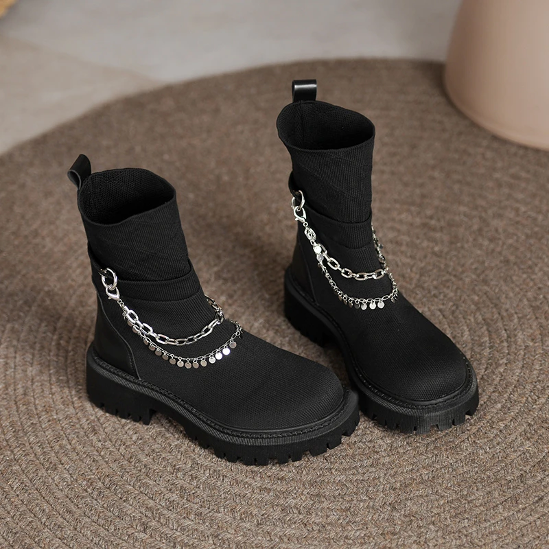 

Ботильоны стрейч на среднем каблуке, дизайнерские вязаные ботинки на массивной платформе для снега, новинка 2021, зимняя теплая Модная женска...