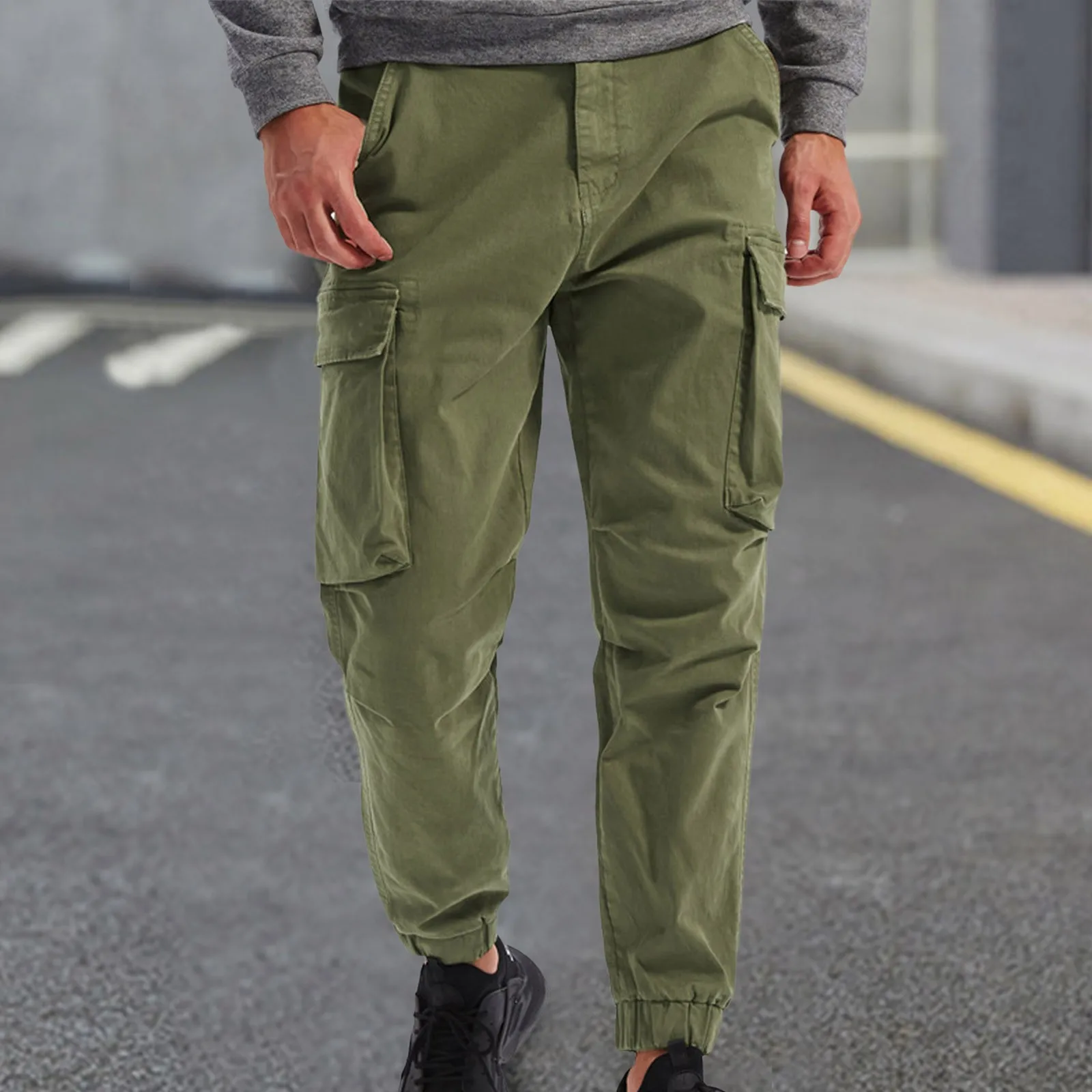 

Men's Mid-waist Zip Casual Pants Relaxed Fit Solid Streetwear Military Cargo Trousers With Multi-pocket Sweatpants