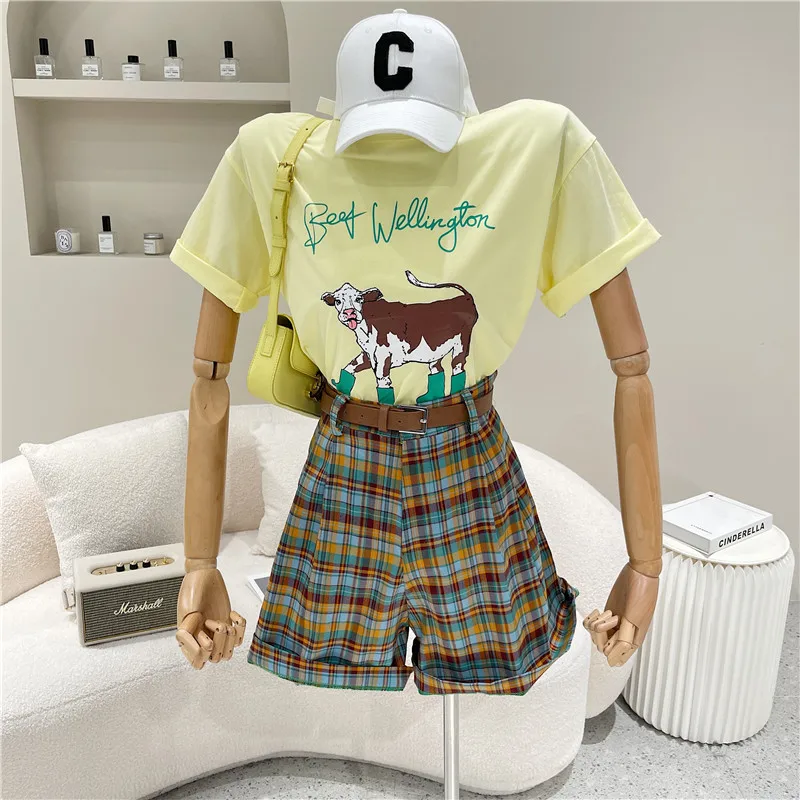 

Women's Clothing Summer 2021 Niche Design Fashion New College Style Plaid Casual Pants High Waist Wide Pants Short