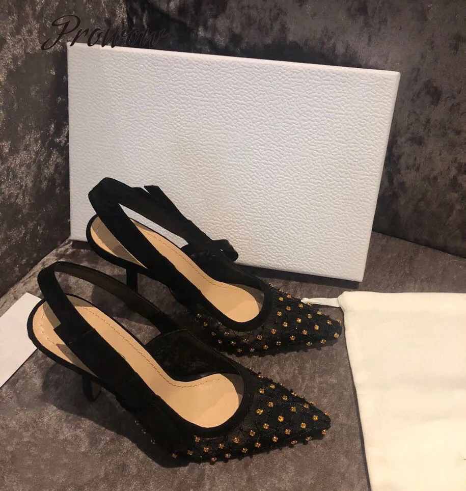 

Prowow Luxury Brand Pumps Sexy Pointed Toe Sling Back Wedding Pumps Sexy Mesh Crystal Kitten Heel Sandals Shoes Women Wummer