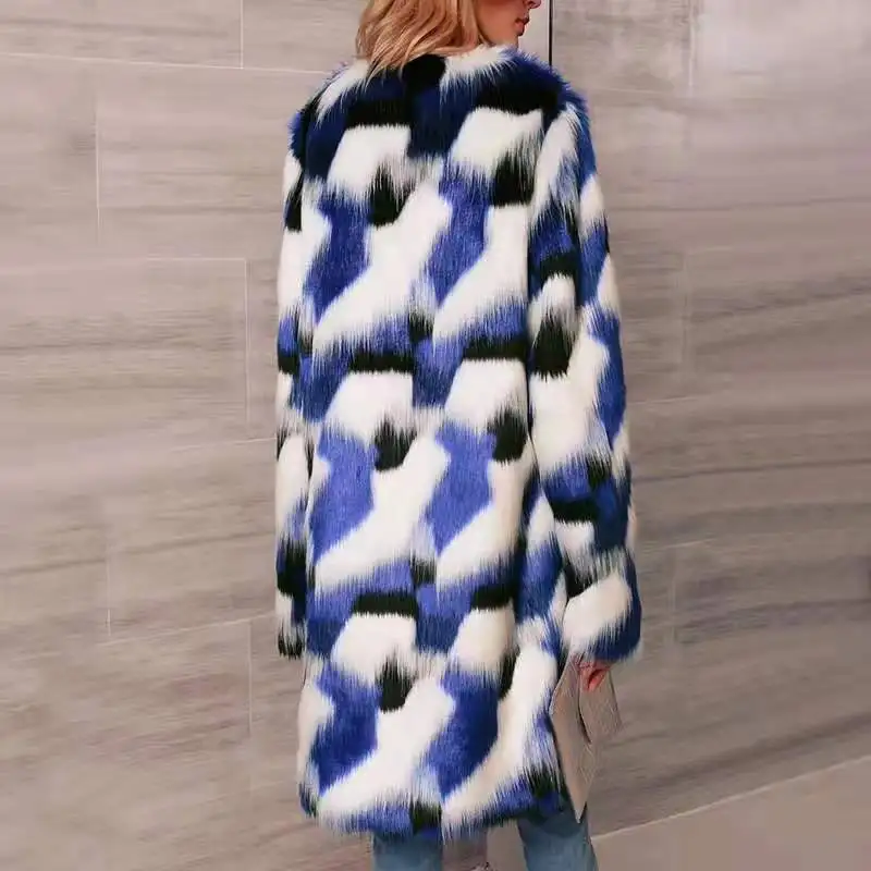Женское зимнее длинное пушистое меховое пальто с принтом теплая верхняя одежда