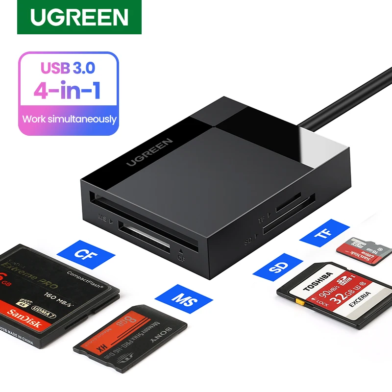 Устройство для чтения карт UGREEN компактный кардридер USB 3 0 4 в 1 SD Micro TF CF MS ноутбука
