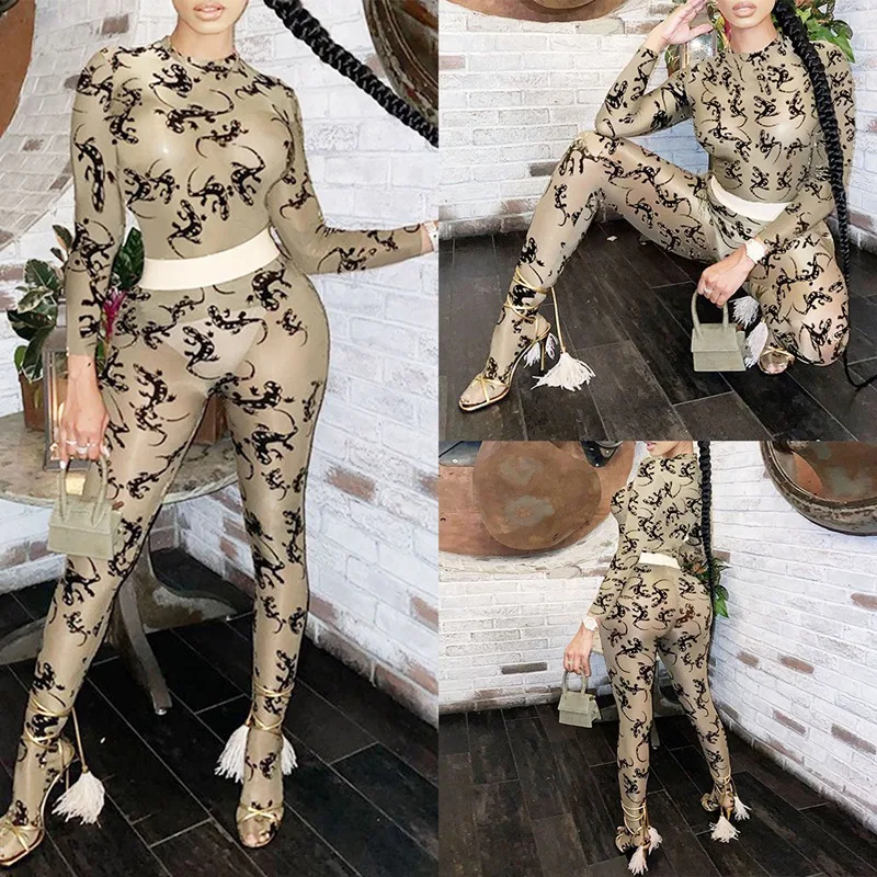 

Summer Women's Fashion Sportswear Fashion Printing Mesh Perspective Long-Sleeved Shirt and Trousers Suit