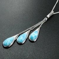 hot selling charm pendants 925 sterling silver natural dominica larimar three stones long drop pendant necklace for women gift