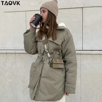 taovk waterproof cotton padded coat female loose turnover parkas with pockets belt casual warm thick down parker jacket overcoat