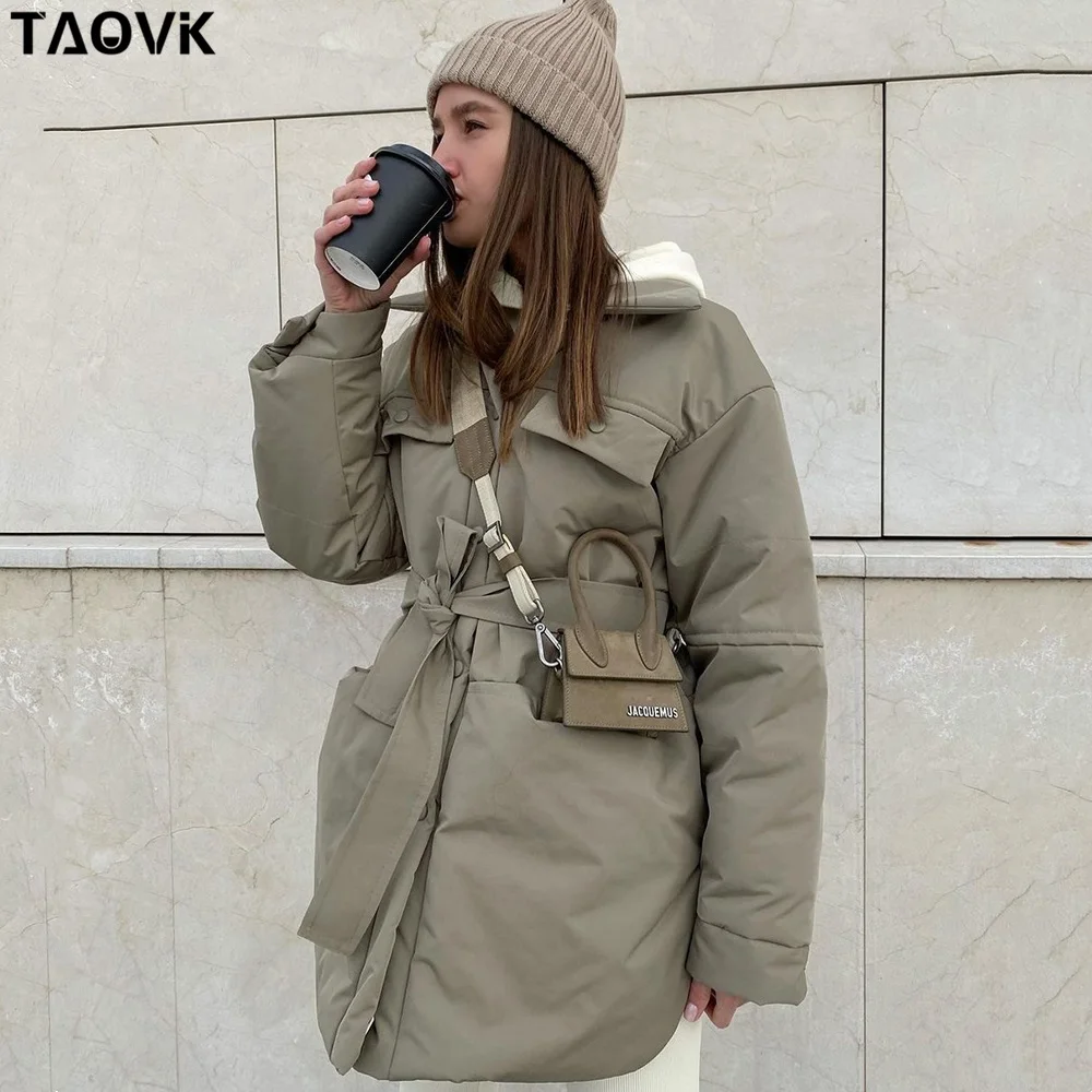 Женское пальто на хлопковом наполнителе TAOVK свободные парки с карманами и поясом
