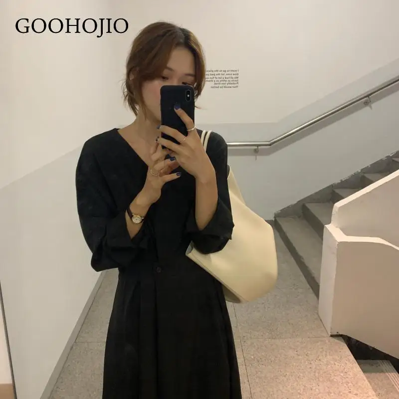 

GOOHOJIO 2020 Autumn Over The Knee Temperament Long Dress Women Fashionable All-match Ladies Dress Solid Long Sleeve Dress Women