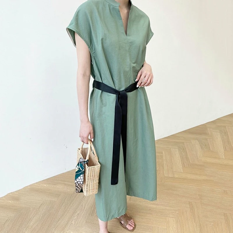 

Korejpaa Women Dress 2021 Summer Korean Fashion Chic Elegant Design Collar Chic Strap Waist Loose Short-sleeved Fork Vestidos