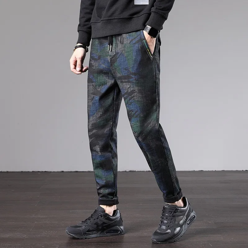 

Fashion New Camouflage Printing Drawstring Waist Mens Denim Pants Winter Thick Warm Fleece Lining Casual Full Length Trousers