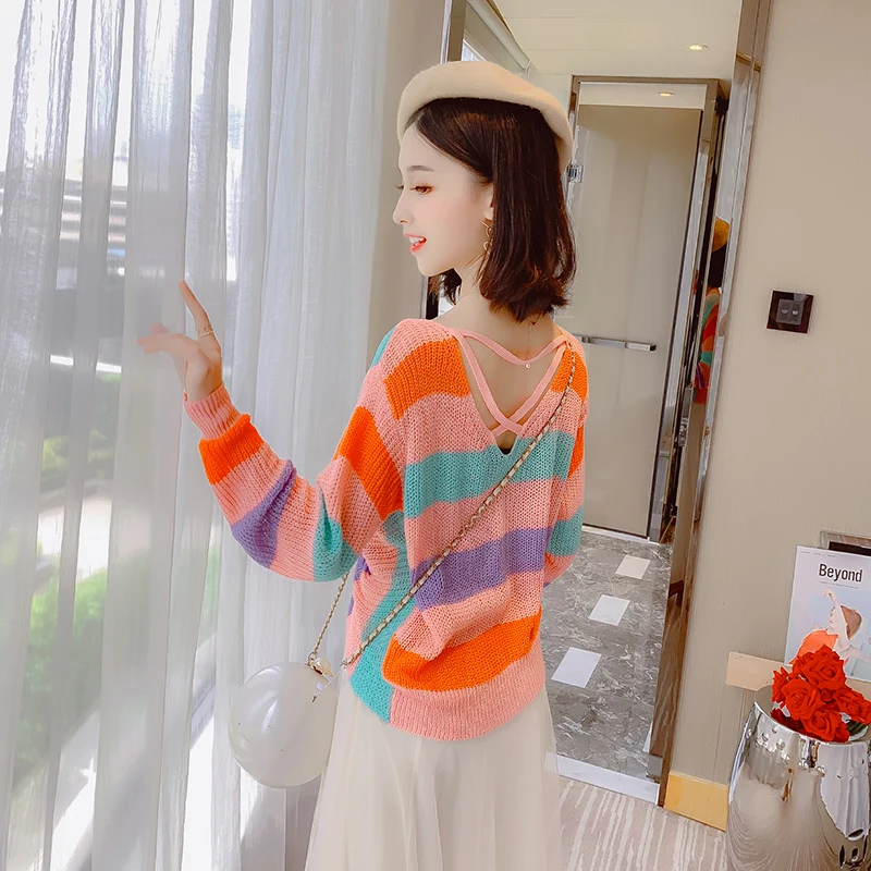 

Spring Women Criss Cross Sweaters Femme Summer Hollow Out Sweaters Women Short Striped Sweaters