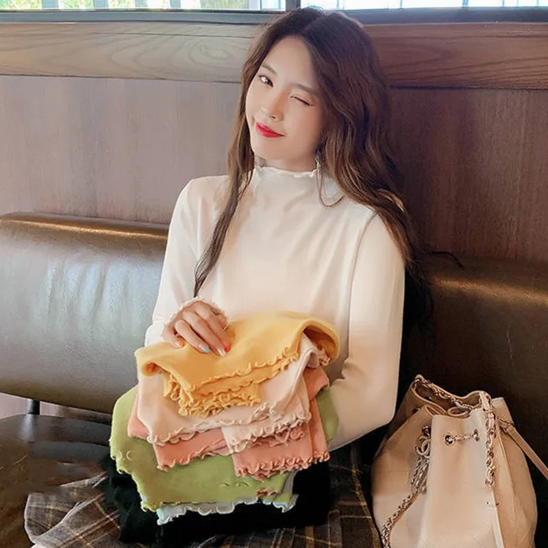 

Женская футболка, Осень-зима, новая однотонная Приталенная футболка, модный топ с длинными рукавами и полувысоким воротником, с оборками