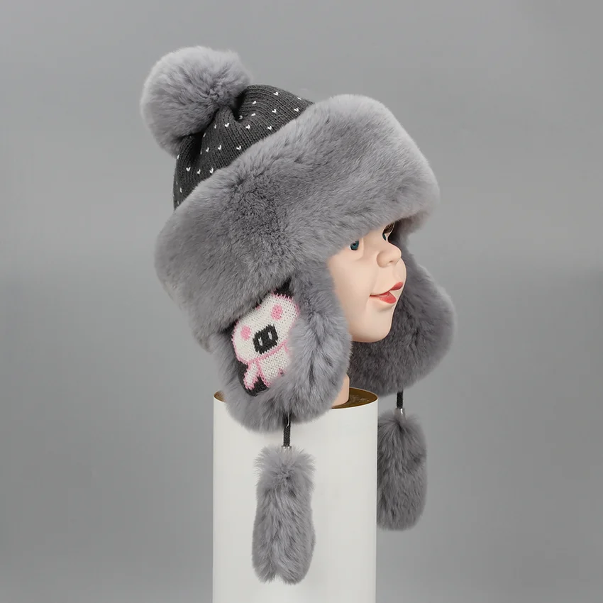 

Winter Real Full Pelt Rex Rabbit Fur Bomber Hat Children Cap Kids Beanies Boys Girls Warm Furly Hat Cute Earmuff Hat Russian Cap