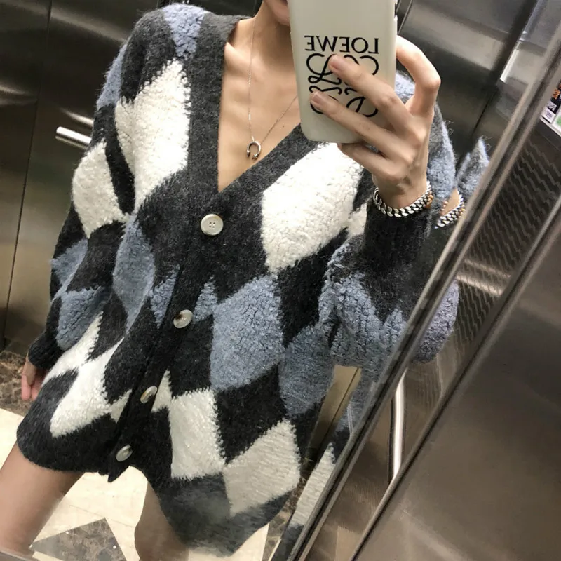 Женские осень зима связанное с узором &quotромбиками&quot сексуальная v вырезом и