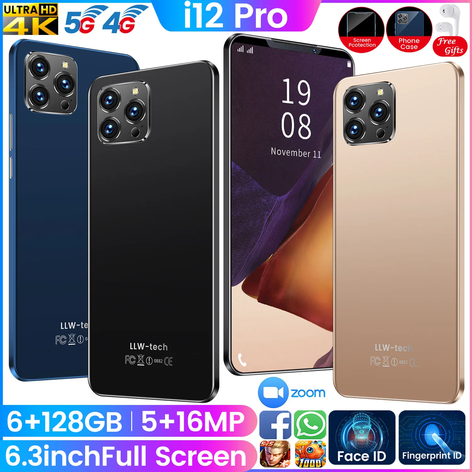 

Global Version i12 pro Smartphones 6.3Inch 4000mAh Mobile Phones 6+128GB 5MP +16MP HD Camera Android9.1 Dual SIM Cellphones