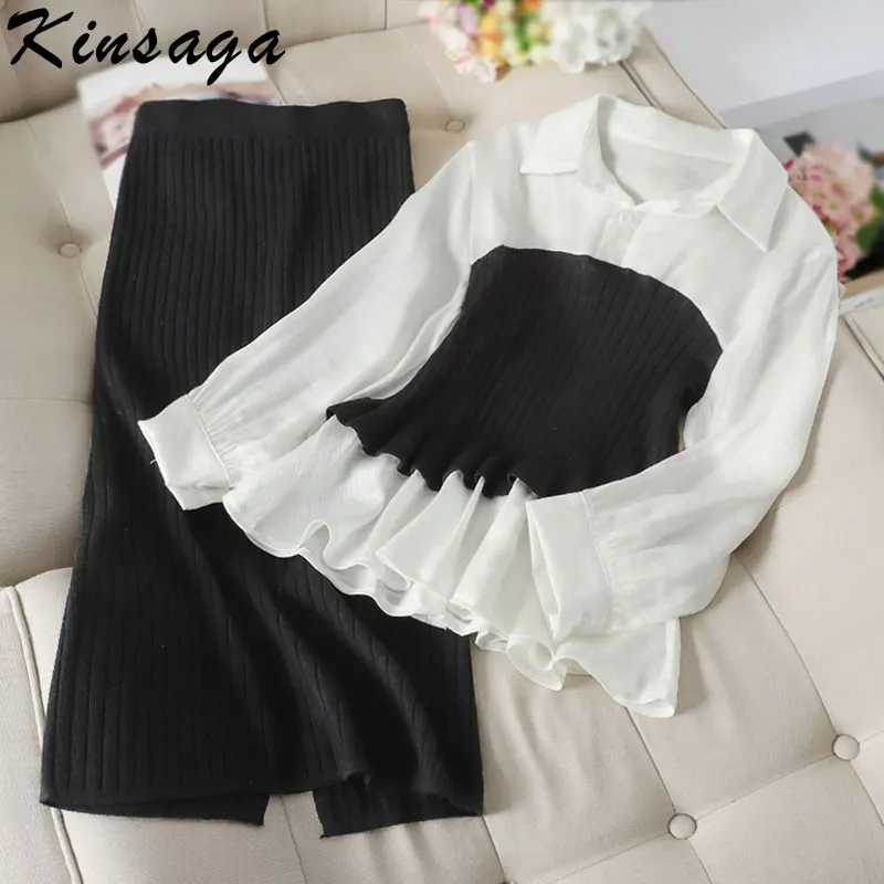 Осенний корейский комплект из 2 предметов блузка в стиле пэчворк вязаный пуловер