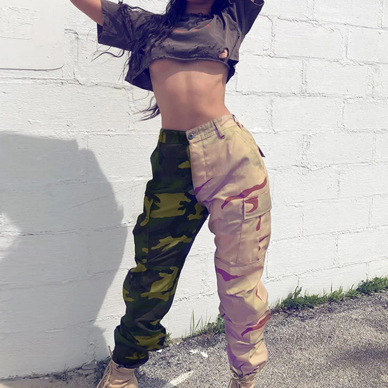 

Camouflage Print Pockets Patchwork Cargo Pants Women Streetwear High Waisted Trousers 2021 Fashion Pencil Pants Joggers