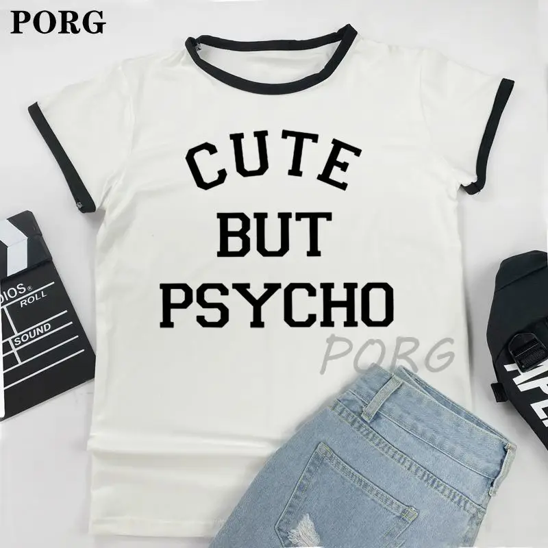 

Women Sexy Tops Cute But Psycho Women T-shirt Aesthetics Graphic Short Sleeve Polyester T Shirts Female Camisetas Verano Mujer