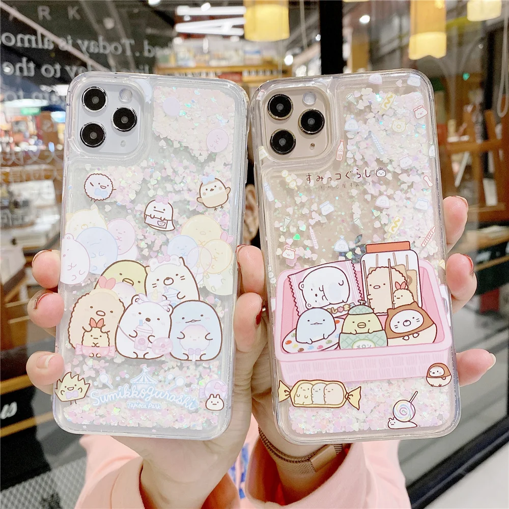 

Sumikkogurashi Glitter Sequins Flashing Quicksand Phone Case for IPhone 12Pro Max 11 7 8 Plus X XR XS MAX Bling Phone Cover