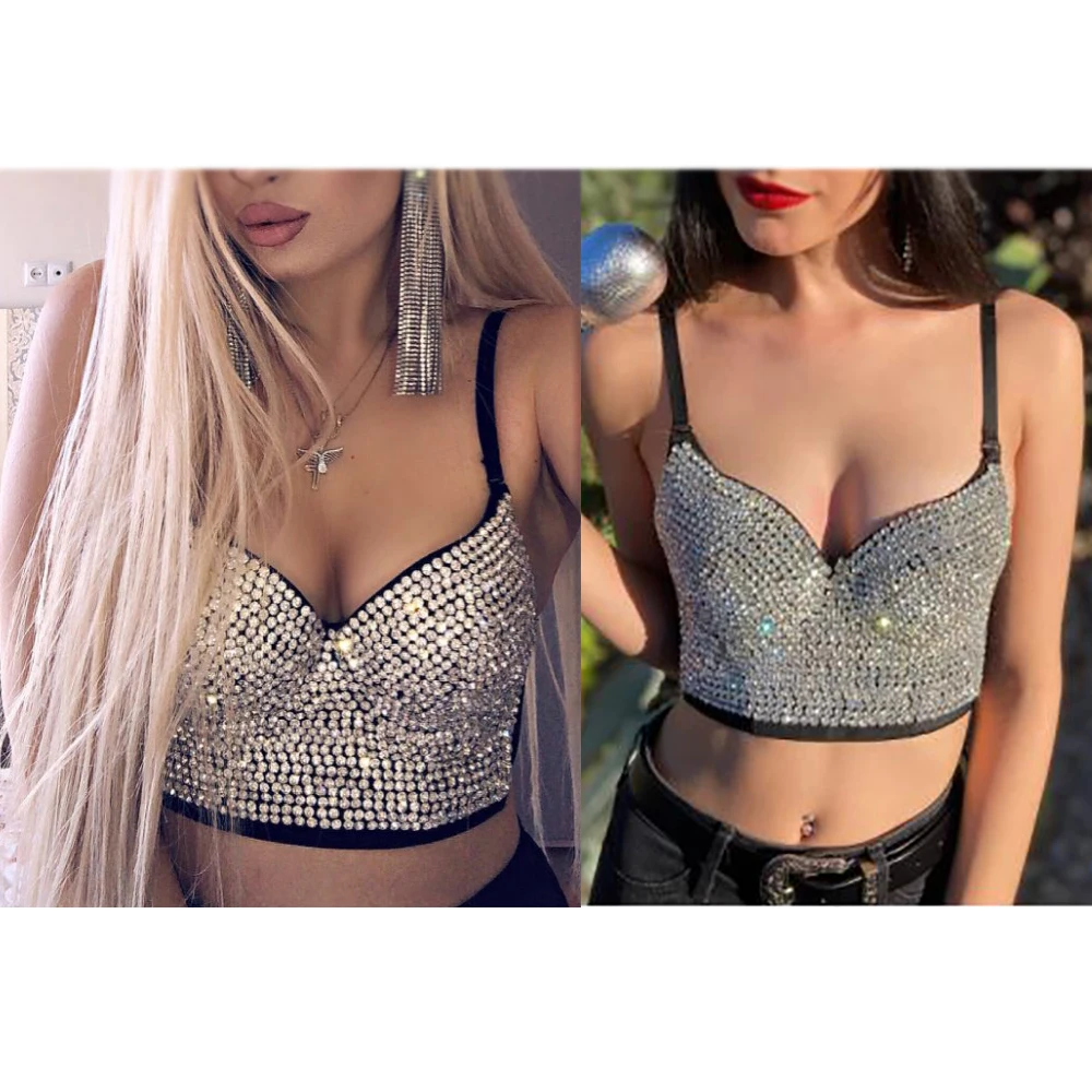 Sexy Corset Rhinestone Top Bustier Crop Top Rave Outfit Festival Clothing Female Silver Glitter Tops for Women Summer 2021