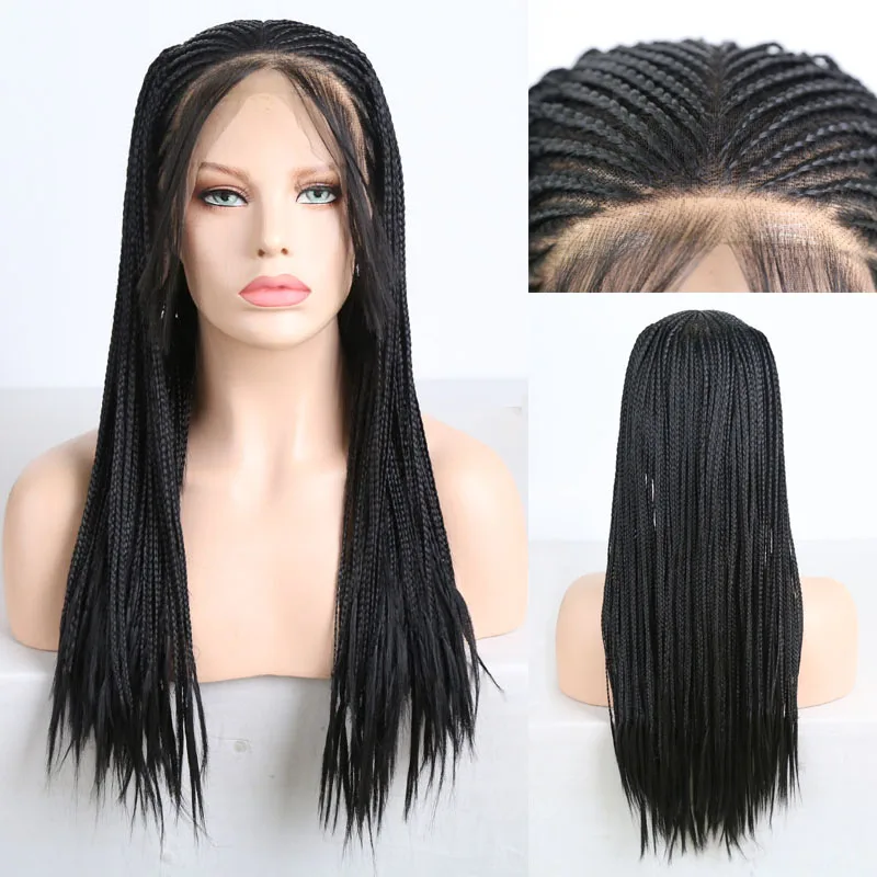 RONGDUOYI 13x6 Middle Part Braided Synthetic Lace Front Wigs for Women Black Heat Resistant Fiber Hair Braids Wig with Baby Hair