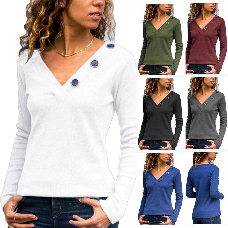 

40 2019 Spring Long Sleeve Knitted Blouse Shirt Top Fashion V Neck Button Ladies Blouse Casual Solid Slim Shirt Plus Size Blusas