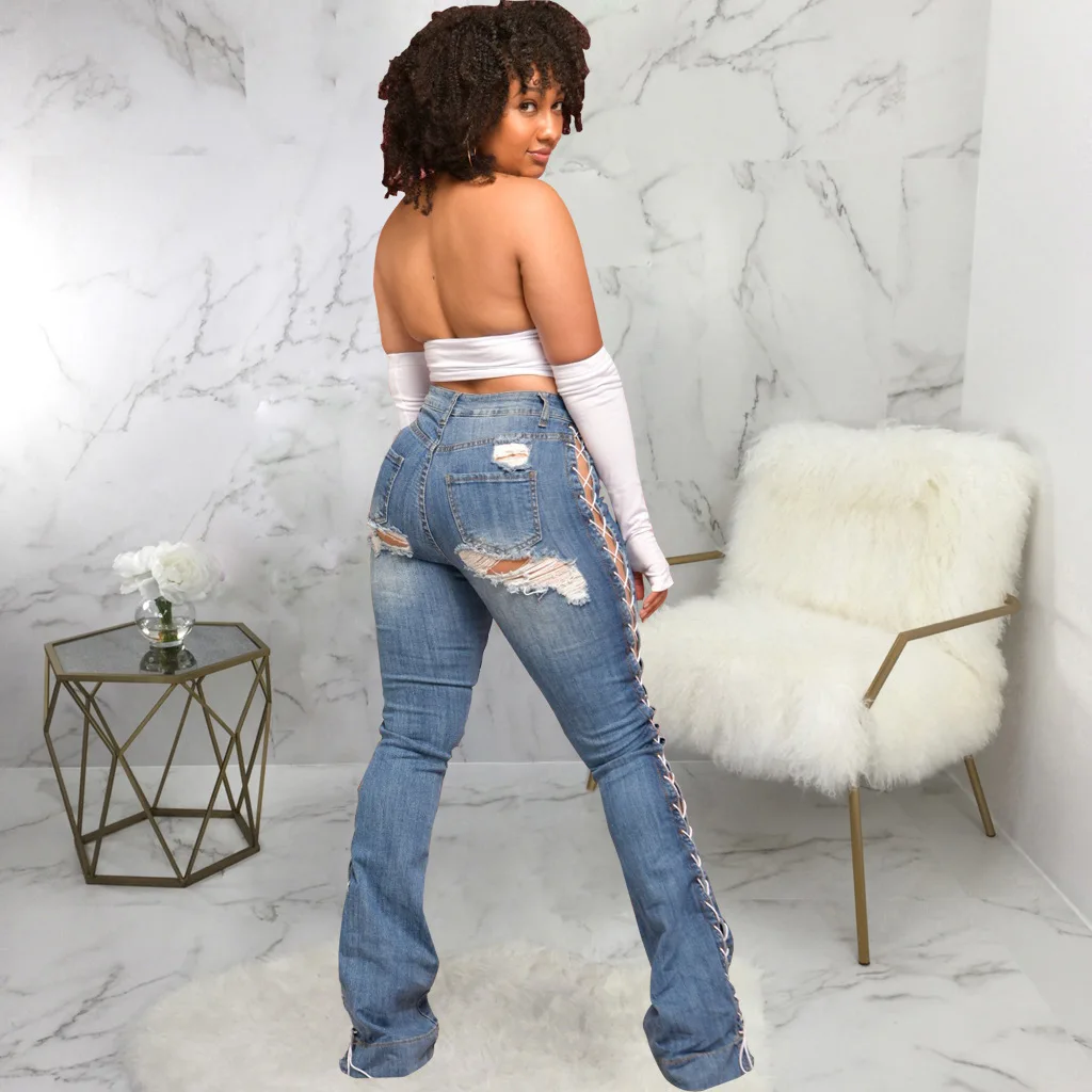 

Women's Jeans Denim Micro-Flared Trousers Autumn New Trendy Bandage High-Waist Stretch Ripped Hole Trousers Hot Sale Woman Jeans