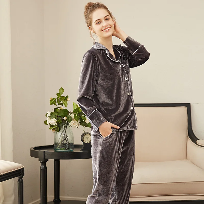 

Pajamas Sets Style Warm Women Long Sleepwear Suit Home Female Sleepwear Sleep Lounge Sexy fashion homewear noble gold velvet