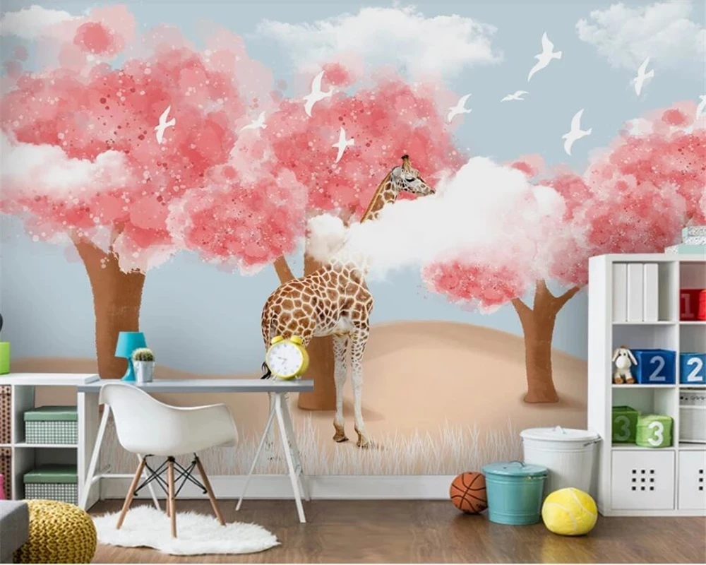 Самоклеящиеся 3D обои на заказ рисунок в виде леса жирафа голубого неба белых