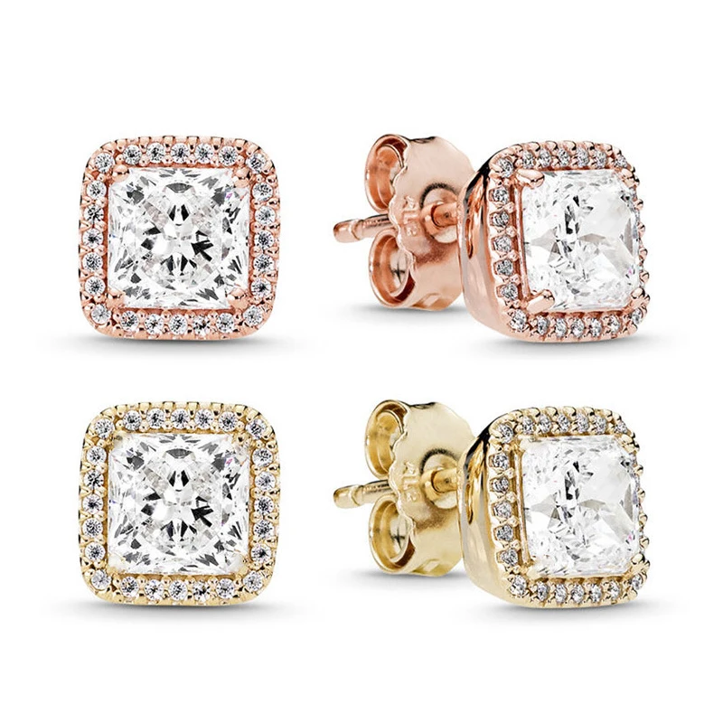 

Original 925 серьги Silver Pan Earrings Shiny Rose Gold Square With Crystal Pan Earrings For Women Wedding Gift Fashion Jewelry