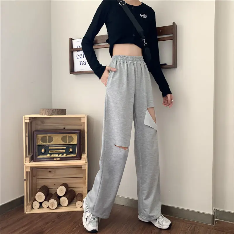 

Women Pants Ripped Casual Pants 2021 Summer New Loose High-waisted Thin Korean Students Wild Straight Trend Mopping Pants