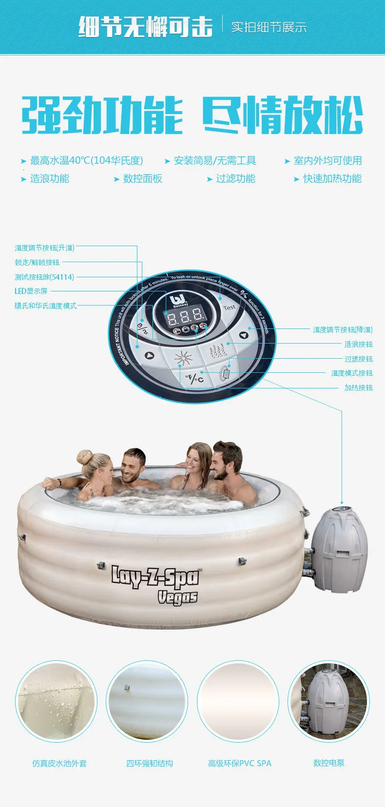 54129 Bestway 7" x 28"/196x71 см Палм-Спрингс AirJet надувной спа-набор большой круглый толстый надувной семейный бассейн для 4-6