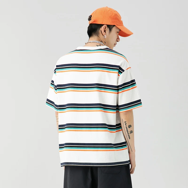

Summer new retro national tide short-sleeved T-shirt men's color striped loose t-shirt