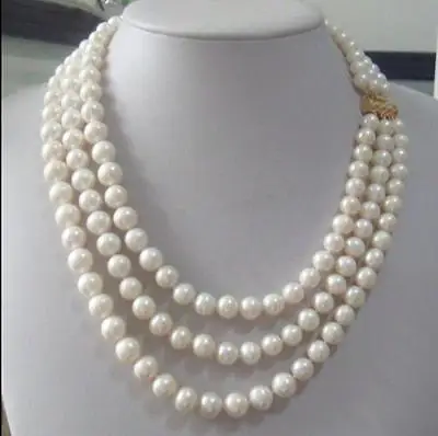 

triple strandsAAA 7-8mm Real Australian south sea white pearl necklace 17-19"14K