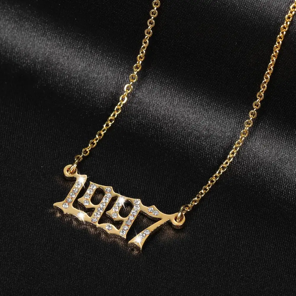 Customized Year Nameplate Necklaces Iced Out Stainless Steel Pendant Personalized Letter Gold Choker Fashion Jewelry for Women