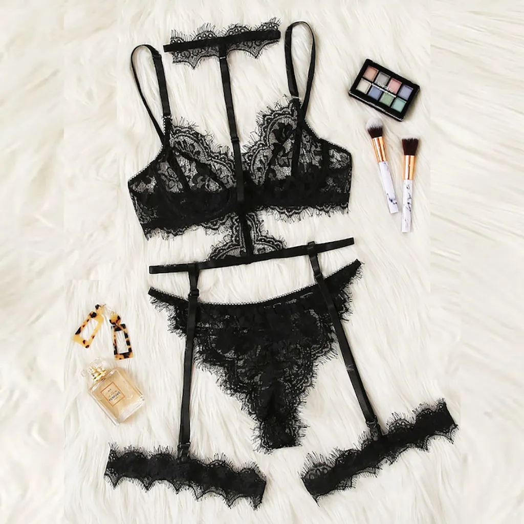 

Exquisite Women Cloth Fashion Lace Lingerie Transparent Push Up Bra+Garter+Briefs Set Wire Free Thin Under Wear Bra Set Lenceria