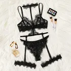 Изысканная Женская ткань, модное кружевное нижнее белье, прозрачный бюстгальтер пуш-ап + подвязки + трусы, комплект тонкого нижнего белья без косточек, комплект нижнего белья