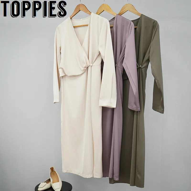 Женское атласное вечернее платье однотонное миди с длинным рукавом и v образным