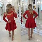 Красное 2021 Элегантное коктейльное платье, ТРАПЕЦИЕВИДНОЕ, с длинными рукавами, Короткое мини кружево с аппликацией из жемчуга Вечерние вечернее, размера плюс