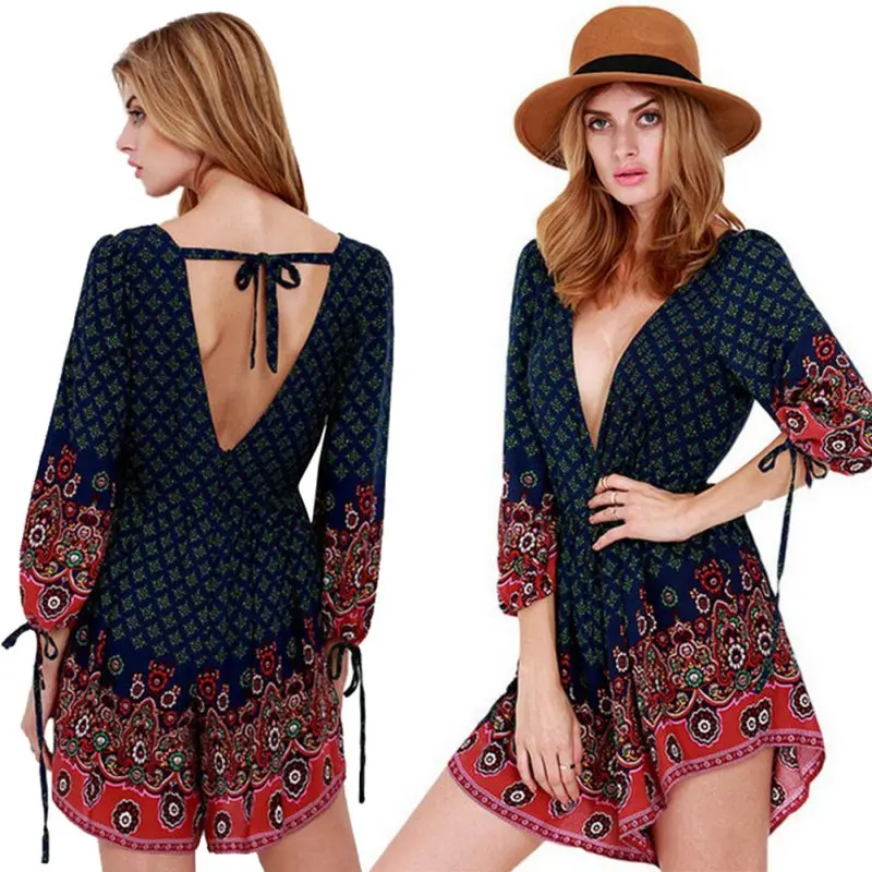 

Europe and the United States Spring and Summer Ladies Deep V-neck Backless Print Lace Up Jumpsuit