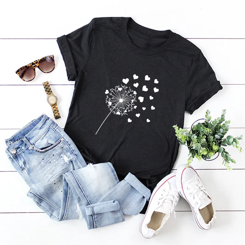 

Summer Plus Size TShirt Women New Heart Dandelion Print T Shirt 100%Cotton Women Shirts O Neck Short Sleeve Tees Streetwear Tops