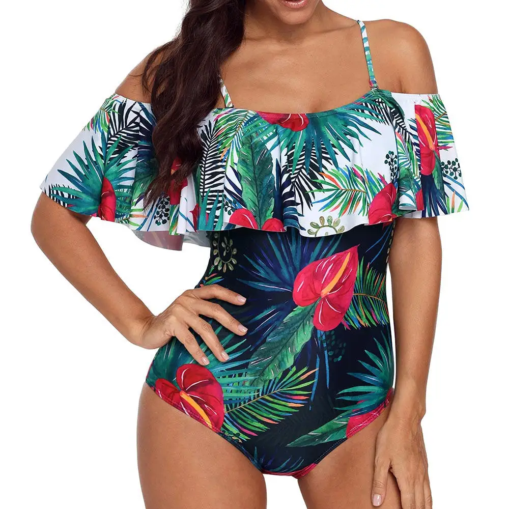 Сексуальный цельный купальный костюм с открытыми плечами цветочный принт одежда