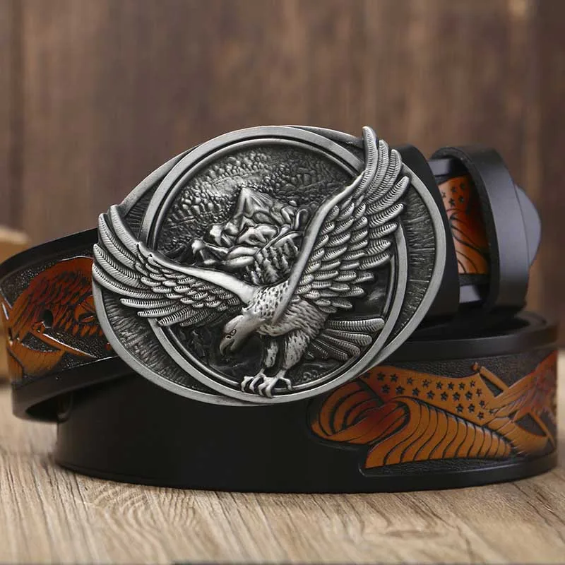 Black buckle Black Винтажный Мужской ремень с Орлиной пряжкой из натуральной кожи, ремень из воловьей кожи, дизайнерские ремни с пряжкой для мужских джинсов, поясной ремень, подарки - Цвет: Black buckle Black