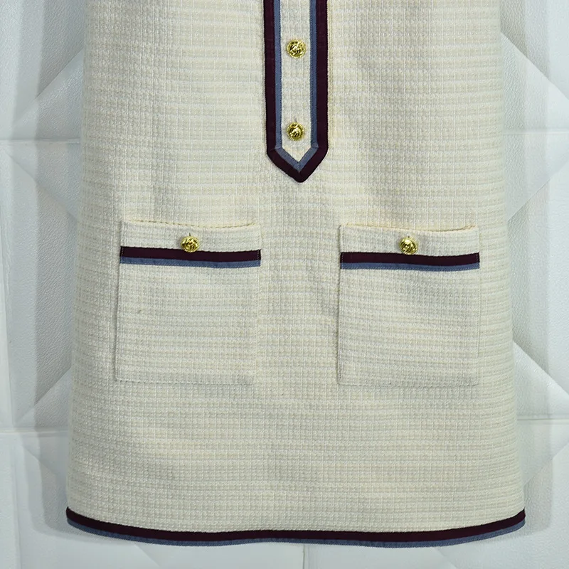 

Luxury Designer Brand Dress for Women Fashion Vintage O Neck Sleeveless Tweed Patchwork Loose Party Dress