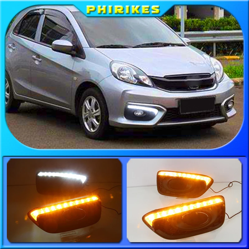 

2Pcs DRL For Honda Brio 2016 2017 Car 12V LED Daytime Running Light Fog Lamp cover daylight ABS with Yellow turn signal