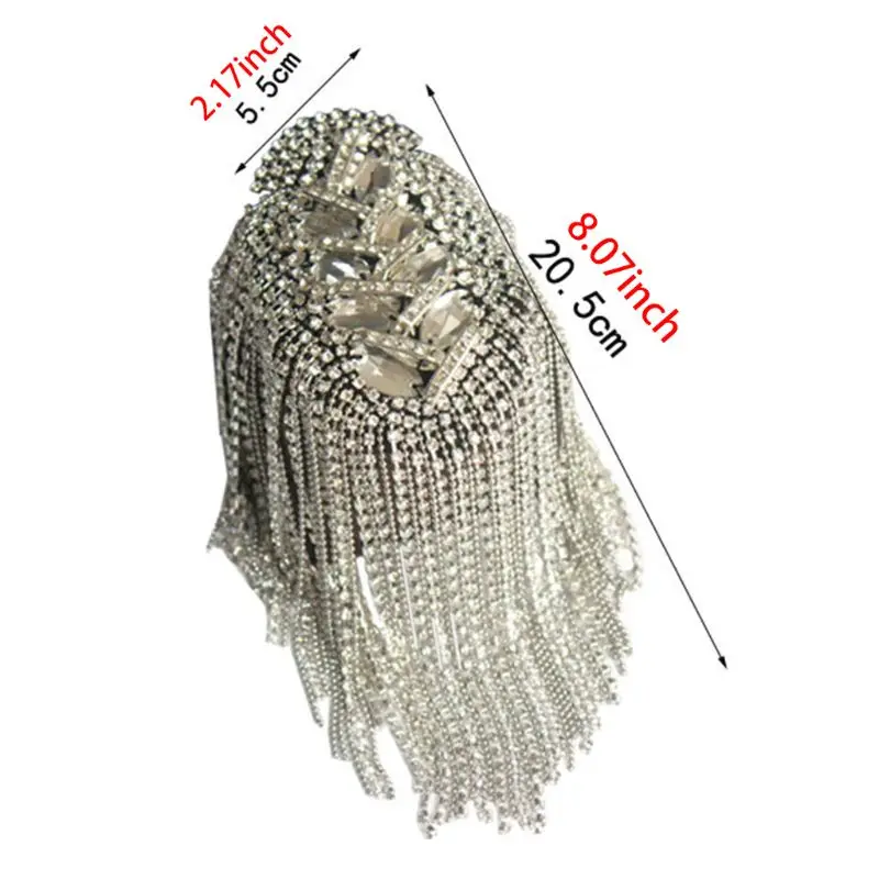 

Women Men Silver Punk Fringe Shoulder Board Badge Vintage Glitter Rhinestone Tassels Chain Epaulet Uniform Accessories