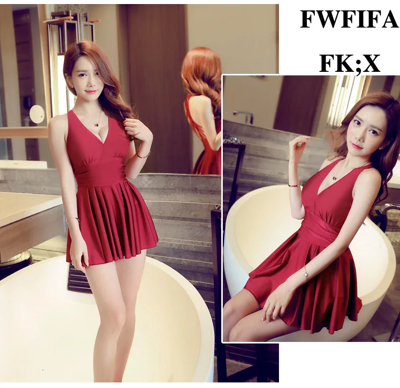 M-3XL Plus Size Women Swimsuit Solid Push Up Skirted Bathing Suit Padded One Piece Pleated Swimdress V neck Ladies Swimwear