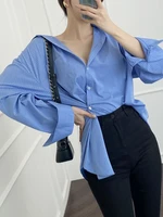 high street loose blue stripe shirt long sleeves turn down collar long raglan tops casual women blouse one size 2022 spring