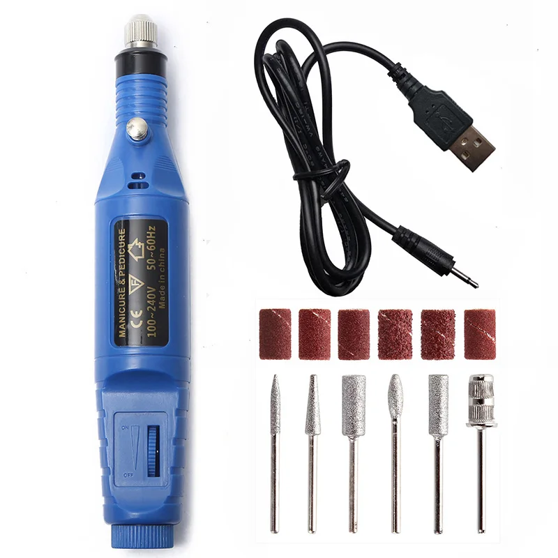 Синий 1 Набор, 5 В, USB, одна, низкая скорость, электрическая дрель для ногтей, машинка для маникюра, пилка для дизайна ногтей, сверла для ногтей, инструмент, аппарат для педикюра - Цвет: Синий