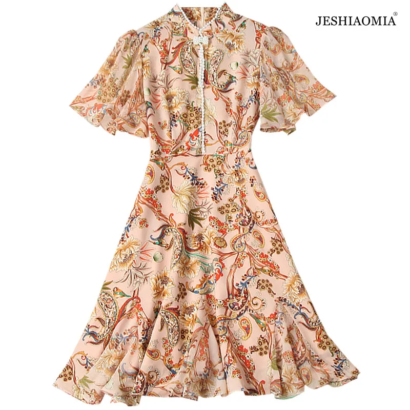 

JESHIAOMIA- 2021 Summer Floral Print Embellished Chiffon Flare Dress
