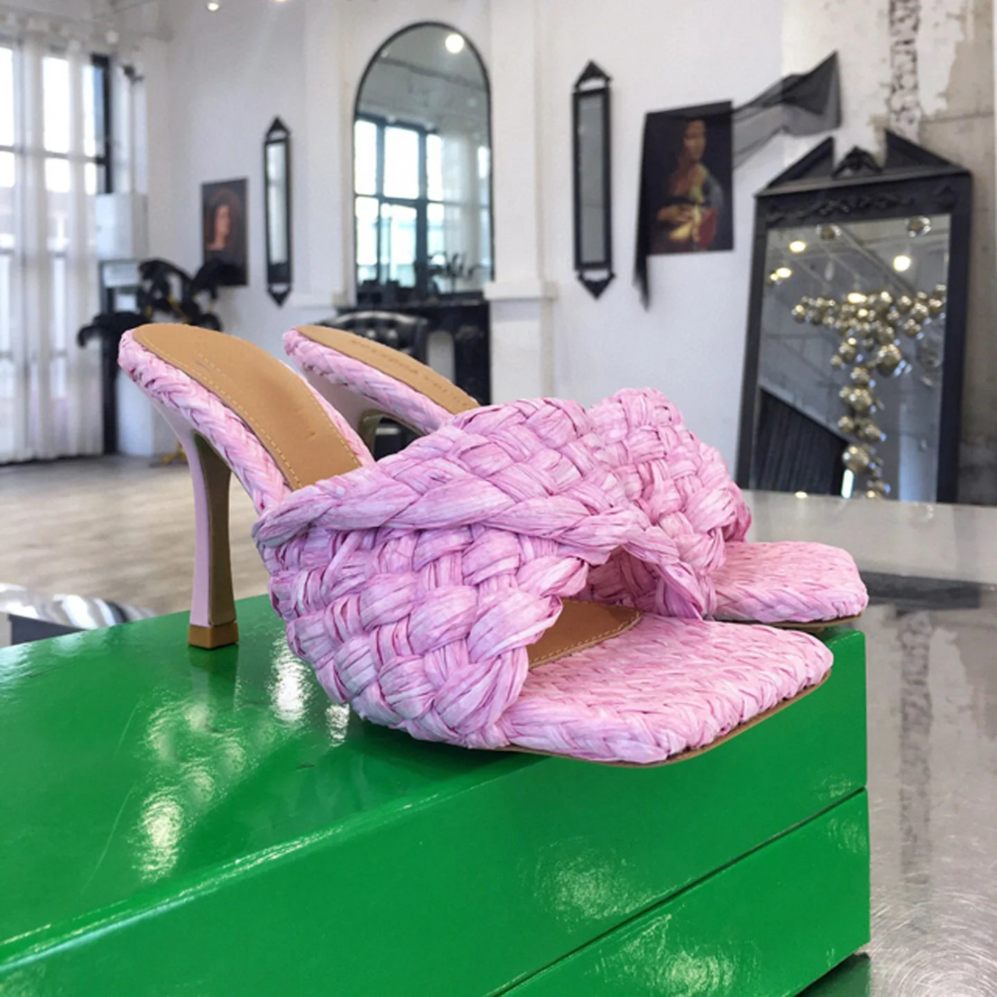 

2021 spring new cross knitting sandals women's head high heel Roman open toe thin heel wear flip flop